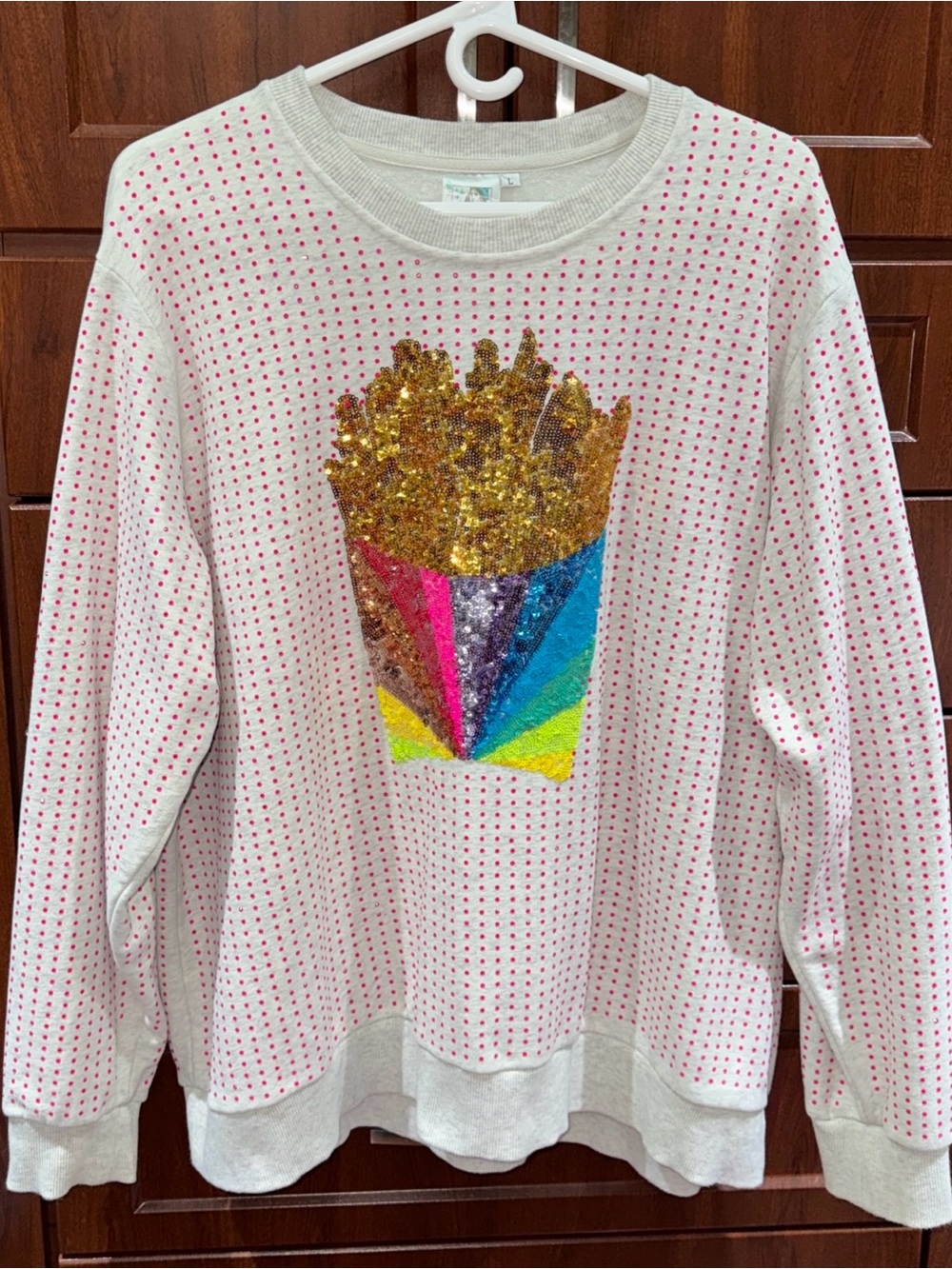 🍟Queen Of Sparkles L (Oversized) French Fries Sequin & Rhinestone Sweatshirt EUC